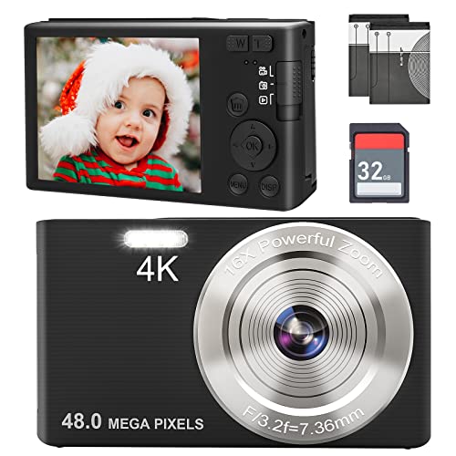 4K Digital Camera, 16X Digital Zoom Compact Camera, 48MP Auto Focus Vlogging Camera for Teen, Student, Beginner, 2.8 inch Screen, 2 Batteries, 32GB SD Card (Black)