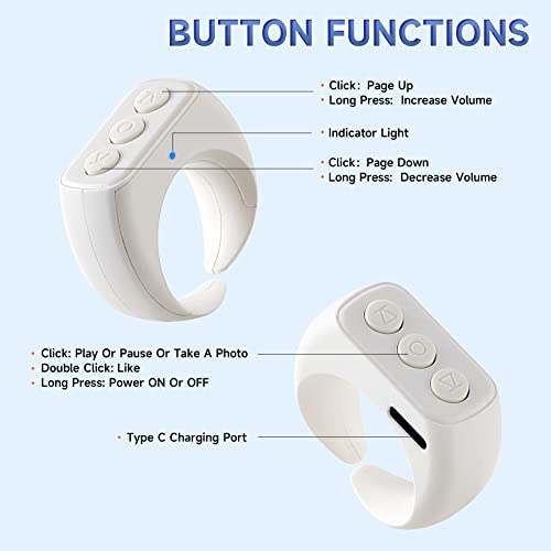CKG Tiktok Bluetooth Remote Control, Smart Finger Remote for iPhone【2022 Design】, Ultra-Long Standby and Quick Charging, More Stylish TIK Tok Remote Compatible with iOS and Android - Snow White