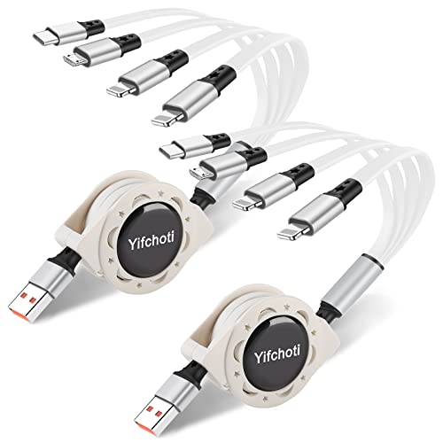 2 Pack 4 in 1 Multi USB Retractable Charger Cable,Fast Multiple Charging Cord Adapter with Dual Phone/USB-C/Micro-USB Port Adapter, Fast Charging Compatible with Cell Phones Tablets Universal Use