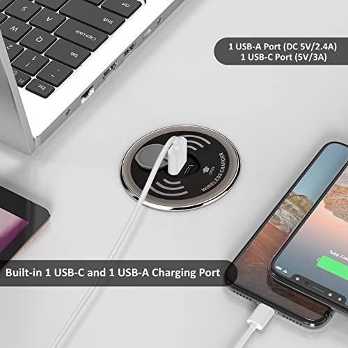 Desktop Power Grommet with USB Port & Wireless Charger, 15W Max Fast Wireless Charging Pad Compatible with iPhone 14/14 Pro, iPhone 13/13 Pro/13 Pro Max, iPhone 12/12 Pro Max/11,Samsung Galaxy S21/S20