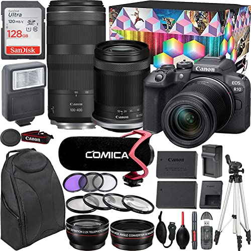 Camera Bundle for Canon EOS R10 Mirrorless Camera with RF-S 18-150mm f/3.5-6.3 is STM and RF 100-400mm f/5.6-8 is USM Lens + Microphone with Video Kit Accessories (128GB, Flash, and More)