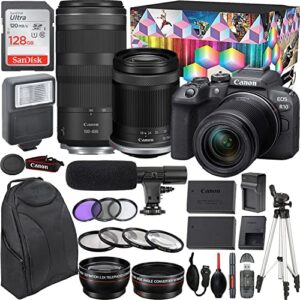 camera bundle for canon eos r10 mirrorless camera with rf-s 18-150mm f/3.5-6.3 is stm and rf 100-400mm f/5.6-8 is usm lens + shotgun microphone with video kit accessories (128gb, flash, and more)