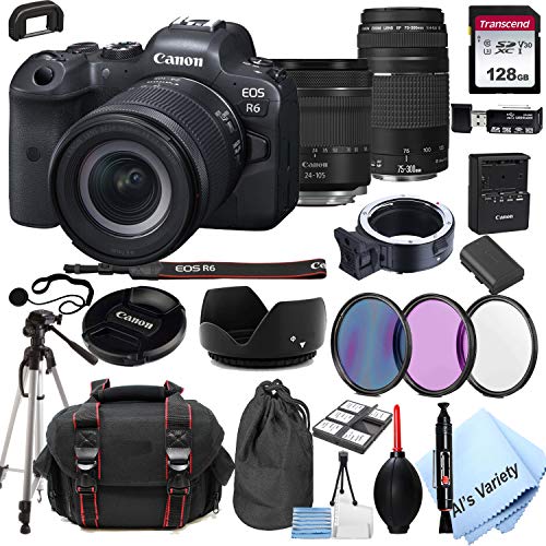 Canon EOS R6 Mirrorless Digital Camera with 24-105mm f/4-7.1 Lens Bundle + 75-300mm F/4-5.6 III Lens + 128GB Memory + Case + Filters + Tripod (26pc Bundle) (Renewed)