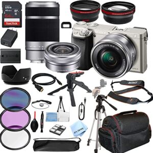 sony alpha a6400 mirrorless digital camera (silver) with 16-50mm & 55-210mm zoom lenses + 64gb memory, wide angle + telephoto lens, filters, case, tripod + more (30pc bundle kit) (renewed)