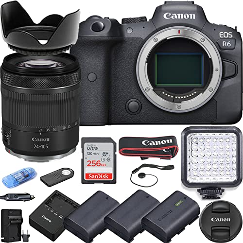 Camera Bundle for Canon EOS R6 Mirrorless Camera with RF 24-105mm f/4-7.1 is STM Lens, 3 Batteries, LED Light, 256Gb High Speed Memory Card + Accessories Kit (Renewed)