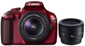 canon digital slr camera eos kiss x50 with ef-s18-55mm f3.5-5.6 is ii and ef50mm f1.8 ii (red) – international version (no warranty)