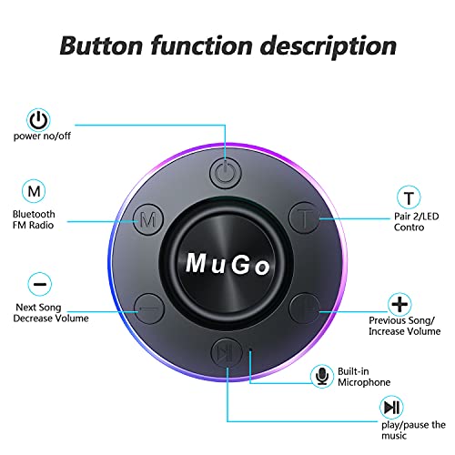 MuGo Bluetooth Speaker, Shower Speaker with Suction Cup, IP7 Waterproof Portable Wireless Speakers for Shower, Mini Outdoor Speaker with Ambient LED Light, 360° Full Surround Sound, Enhanced Bass