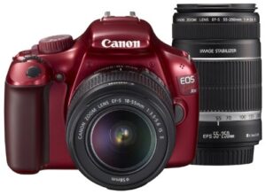 canon digital slr camera eos kiss x50 with zoom kit ef-s18-55mm f3.5-5.6 is ii + ef-s55-250mm f4-5.6 is ii (red) – international version (no warranty)