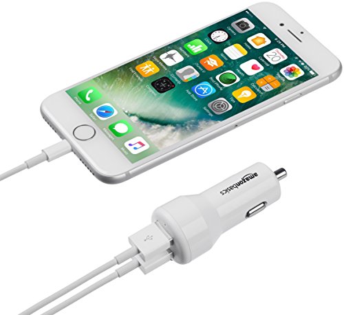 AmazonBasics Dual-Port USB Car Charger Adapter for Apple and Android Devices, 4.8 Amp, 24W, White