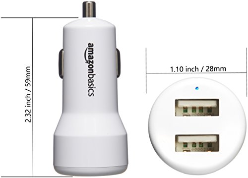 AmazonBasics Dual-Port USB Car Charger Adapter for Apple and Android Devices, 4.8 Amp, 24W, White