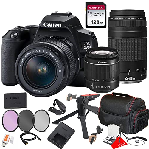 Canon EOS 250D (Rebel SL3) DSLR Camera w/EF-S 18-55mm F/3.5-5.6 Zoom Lens + 75-300mm F/4-5.6 III Lens + 128GB Memory + Case + Filters + Tripod + 3 Piece Filter Kit + More (26pc Bundle)