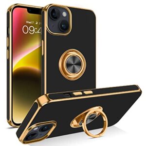 bentoben iphone 14 case with 360° ring holder, shockproof slim kickstand magnetic support car mount women men non-slip protective phone case for iphone 14 6.1″, black/gold