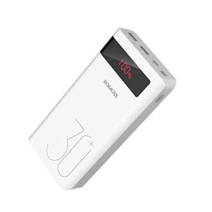 romoss sense8p+ 30000mah power bank, 18w type c pd fast charge portable charger with 3 outputs and 3 inputs, huge capacity external battery pack compatible with iphone, ipad pro, samsung and more