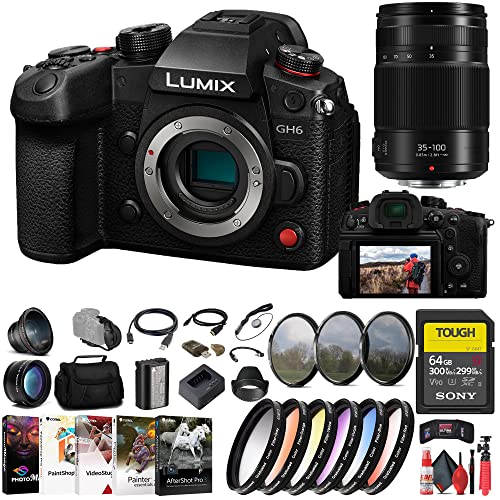 Panasonic Lumix GH6 Mirrorless Camera (DC-GH6BODY) + Panasonic 35-100mm Lens + Sony 64GB Tough SD Card + Color Filter Kit + Filter Kit + Wide Angle Lens + Telephoto Lens + Lens Hood + More (Renewed)