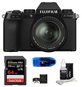 fujifilm x-s10 mirrorless digital camera with 18-55mm lens bundle, includes: sandisk 64gb extreme pro sdxc memory card, card reader, memory card wallet and lens cleaning kit (5 items)