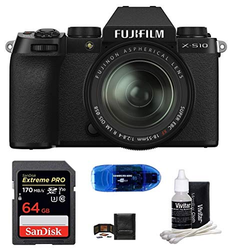 FUJIFILM X-S10 Mirrorless Digital Camera with 18-55mm Lens Bundle, Includes: SanDisk 64GB Extreme PRO SDXC Memory Card, Card Reader, Memory Card Wallet and Lens Cleaning Kit (5 Items)