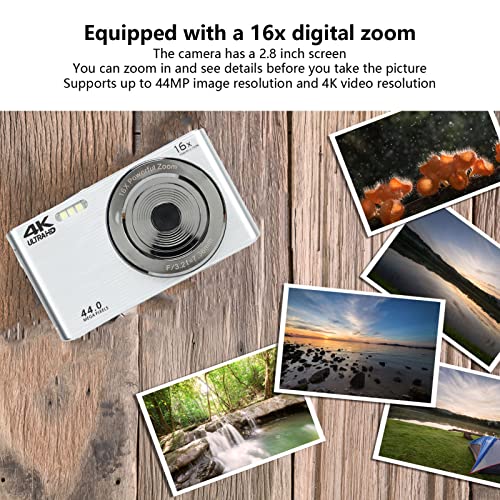 16X Digital Zoom Camera, Easy to Use Built in Fill Light Shock Proof 2.8in Screen 4K HD Camera 44MP Plastic Housing for Recording (Silver)