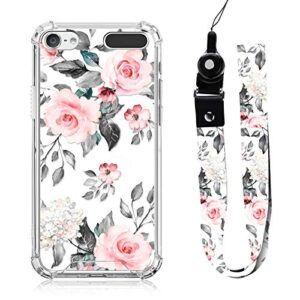 ook designed for ipod touch 5 6 7 case rose floral design with neck strap lanyard for women girls protective clear transparent bumper case cute grey pink flower for ipod touch 7th/ 6th/ 5th gen