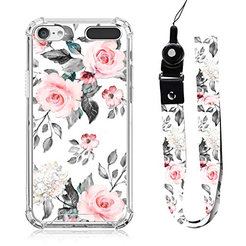 OOK Designed for iPod Touch 5 6 7 Case Rose Floral Design with Neck Strap Lanyard for Women Girls Protective Clear Transparent Bumper Case Cute Grey Pink Flower for iPod Touch 7th/ 6th/ 5th Gen