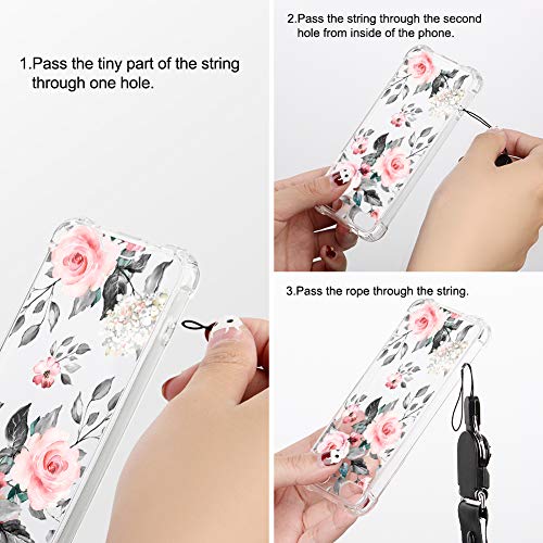 OOK Designed for iPod Touch 5 6 7 Case Rose Floral Design with Neck Strap Lanyard for Women Girls Protective Clear Transparent Bumper Case Cute Grey Pink Flower for iPod Touch 7th/ 6th/ 5th Gen