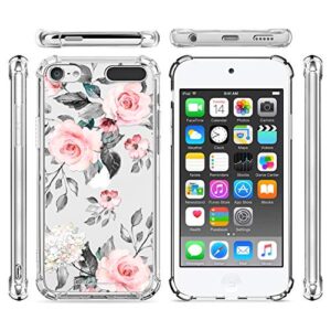 OOK Designed for iPod Touch 5 6 7 Case Rose Floral Design with Neck Strap Lanyard for Women Girls Protective Clear Transparent Bumper Case Cute Grey Pink Flower for iPod Touch 7th/ 6th/ 5th Gen