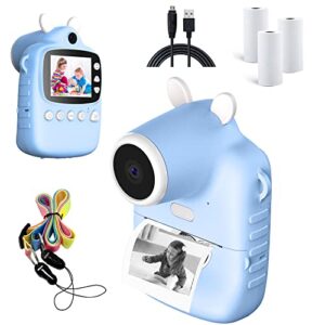 sainspeed kids selfie camera, digital video cameras for toddler age 3-9, instant print camera with 3 rolls paper，portable toy for girls and boys birthday,valentines gifts-blue