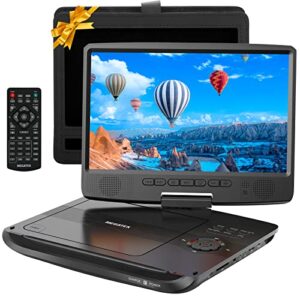 megatek 12.5″ portable dvd player with 10.5″ hd swivel screen, upgraded 6-hour rechargeable battery, play cd/dvd/usb/sd card, car headrest mount, ac power adapter, car charger, remote control
