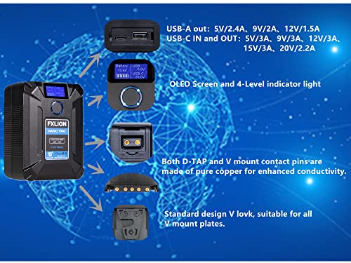 SONGING FXLION Nano Two 98WH Tiny V-Mount/V-Lock Battery with Type-C, D-tap, USB A, Micro USB for Cameras, Camcorders,Large LED Lights, Monitors, MacBook and Smartphone