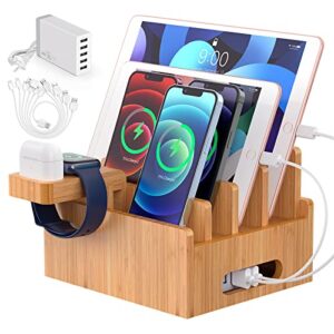 bamboo charging station for multiple devices with 5 port usb charger, 6 cables and smart watch & earbuds stand. pezin & hulin desk docking stations electronic organizer for cell phone, tablet