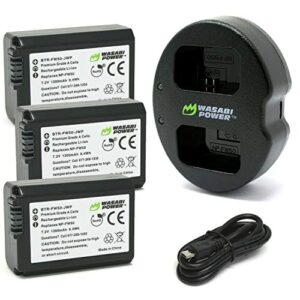 np-fw50 wasabi power camera battery (3-pack) & dual usb charger for sony zv-e10, alpha a6000, a6300, a6400, a6500, a7, a7 ii, a7r, a7r ii, a7s, a7s ii, rx10 ii, iii, iv battery 1300mah micro usb input