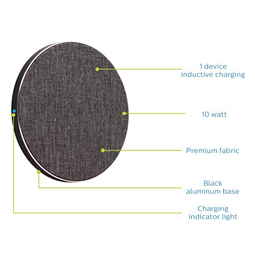 Philips Accessories Fabric Wireless Charger, 10W Fast Charging, Qi-Certified for iPhone 13/12/11/Pro/Pro Max/Mini, Samsung Galaxy S21, Google Pixel 6, Gray, DLP9035BC/27