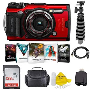 olympus tough tg-6 waterproof camera (red) – top knotchbundle + sandisk 128gb ultra memory card + padded case + flex tripod + photo software suite + more