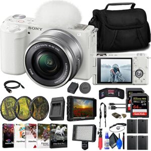 sony zv-e10 mirrorless camera with 16-50mm lens (white) (ilczv-e10l/w) + 4k monitor + 2 x 64gb memory card + filter kit + led light + external charger + 3 x npf-w50 battery + card reader + more