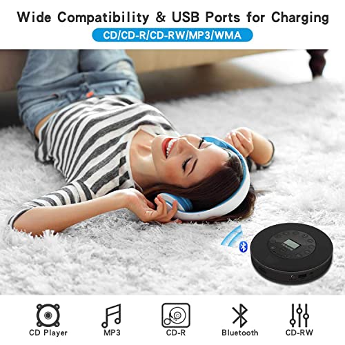 Rechargeable Portable Bluetooth CD Player,Lukasa CD Player Portable,Compact Music CD Disc Player for Car/Travel, Home Audio Boombox with Stereo Speaker & LCD Display,Support CD USB AUX Input,2000mAh