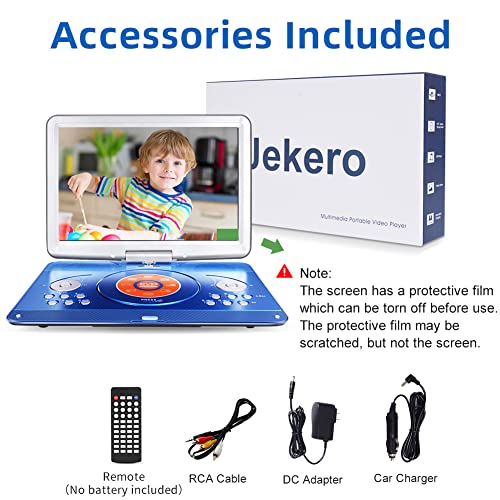 JEKERO 16.9" Portable DVD Player with 14.1" Large Swivel Screen, DVD Player Portable with 6 Hrs Rechargeable Battery, Mobile DVD Player for Kids, Sync TV, Support USB SD Card with Car Charger (Blue)