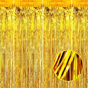 4 pack gold foil fringe curtain backdrop, 3.28ft x 8.2ft metallic tinsel foil fringe streamer curtains for photo booth props decor party supplies