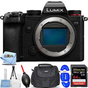 panasonic lumix dc-s5 mirrorless digital camera (body) – essential bundle includes: sandisk extreme pro 64gb sd, memory card reader, gadget bag, blower. microfiber cloth and cleaning kit