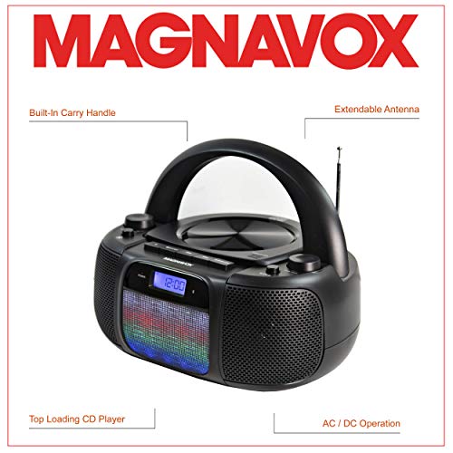 Magnavox MD6972 Portable Top Loading CD Boombox with Digital AM/FM Stereo Radio, Color Changing Lights, and Bluetooth Wireless Technology | CD-R/CD-RW Compatible | LCD Display |