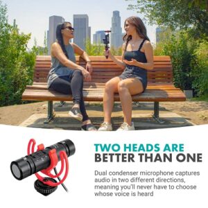 Movo DoubleMic V2 Two-Sided Supercardioid Video Shotgun Microphone for iPhone, Android, Smartphones or DSLR Camera - Dual Capsule External Mic with Improved Wind Protection - Latest Version