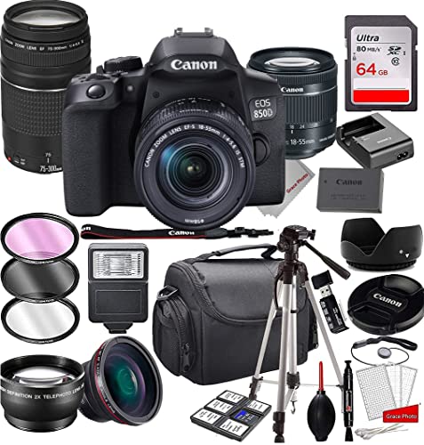 Canon EOS 850D (Rebel T8i) DSLR Camera with 18-55mm is STM Zoom Lens & 75-300mm III Lens Bundle + 64GB Memory, Case, Tripod, Filters and More