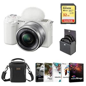 sony zv-e10 mirrorless camera with 16-50mm lens, white bundle with pc photo & video editing software suite, 32gb sd memory card, shoulder bag, 40.5mm filter kit