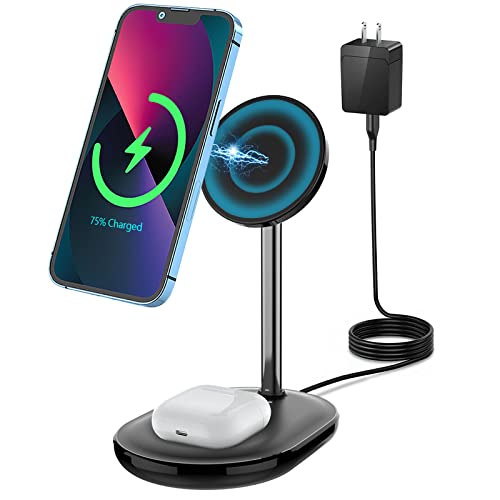 SSA Magnetic Wireless Charging Stand, 3-in-1 Magnetic Stand Lite with 5ft USB-C Cable, Mag-Safe Charger Stand for iPhone 14 12 13 Pro/Max/Mini, AirPods, Apple Watch (with AC Adapter)