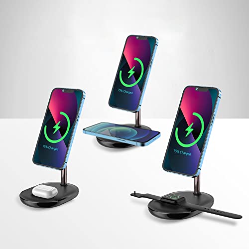 SSA Magnetic Wireless Charging Stand, 3-in-1 Magnetic Stand Lite with 5ft USB-C Cable, Mag-Safe Charger Stand for iPhone 14 12 13 Pro/Max/Mini, AirPods, Apple Watch (with AC Adapter)