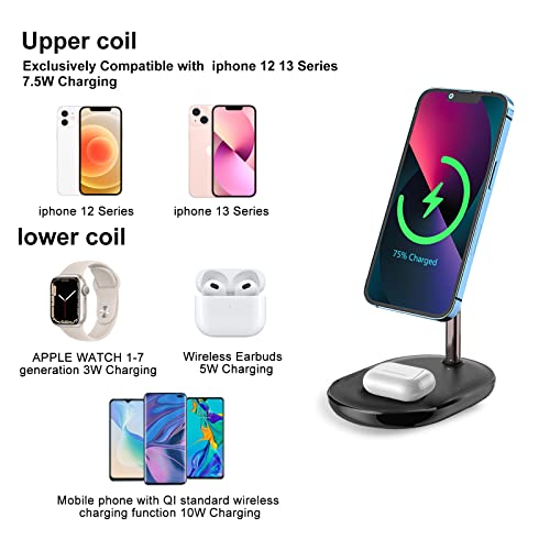 SSA Magnetic Wireless Charging Stand, 3-in-1 Magnetic Stand Lite with 5ft USB-C Cable, Mag-Safe Charger Stand for iPhone 14 12 13 Pro/Max/Mini, AirPods, Apple Watch (with AC Adapter)
