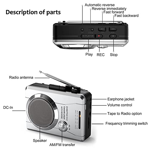 Portable Walkman Cassette Recorder with AM FM Stereo Radio and Voice Recorder,Compat Personal Walkman Cassette Tape Player/Recorder with Built in Speaker and Earphones,Microphone