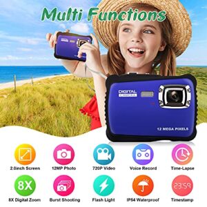 Kids Digital Camera-12 MP Children's Camera IP54 Rainproof Compact Video Camera with Flash,8X Digital Zoom, Point and Shoot Cameras for 3-14 Year Old Teen Boys Girls Christmas Birthday Gifts