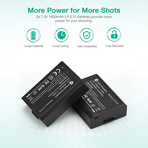 FirstPower LP-E10 Battery (2-Pack) and Dual USB Charger Compatible with Canon EOS Rebel T3 T5 T6 T7 T100 Kiss X50 X70 X80 X90 1100D 1200D 1300D 1500D 4000D Digital Cameras