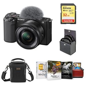 sony zv-e10 mirrorless camera with 16-50mm lens, black bundle with mac photo editing software suite, 32gb sd memory card, shoulder bag, 40.5mm filter kit