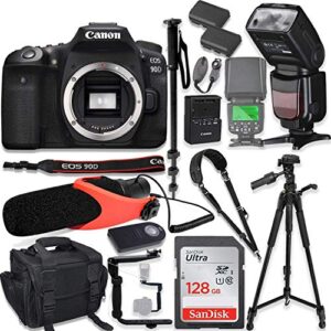 canon eos 90d dslr camera body only kit with pro photo & video accessories including 128gb memory, speedlight ttl flash, quick release strap, condenser microphone, 60″ tripod & more (renewed)