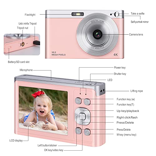 Digital Camera for Kids, Small Cameras for Teens, Portable Compact Camera for Photography, 1080P 50MP Autofocus Children Camera with 32GB SD Card, 2.88 Inch LCD Screen, 16x Digital Zoom (Pink)